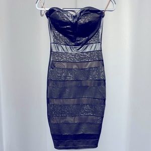 Strapless PU leather & lace black strapless dress